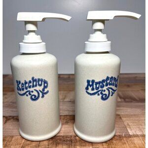 Pfaltzcraft Ceramic Ketchup & Mustard Pump Dispensers With White Lids